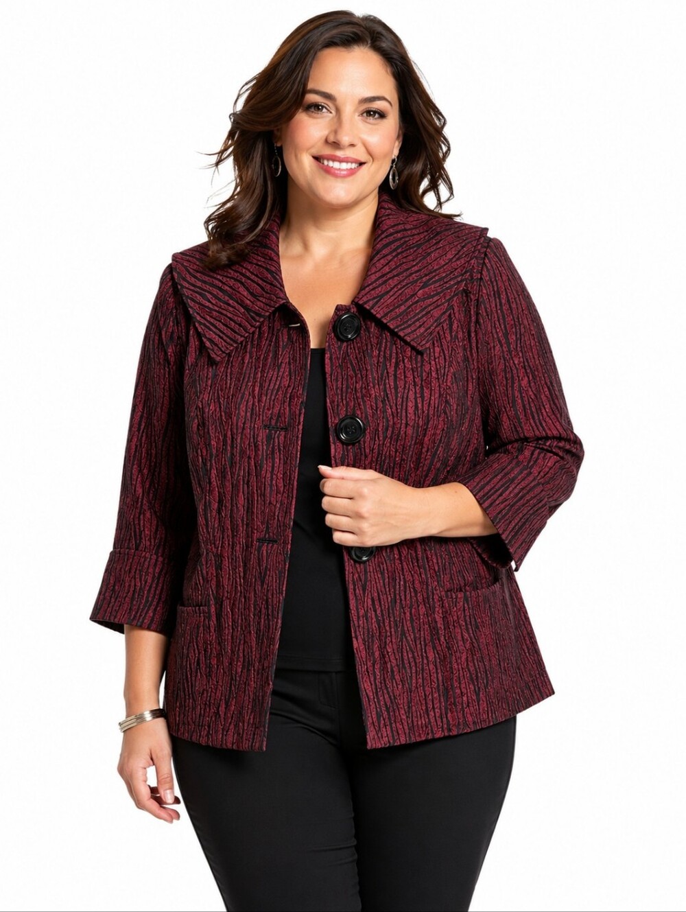 Lane Bryant Blazer Size 14 Burgundy Black Textured Zebra Stripe 3/4 Sleeve